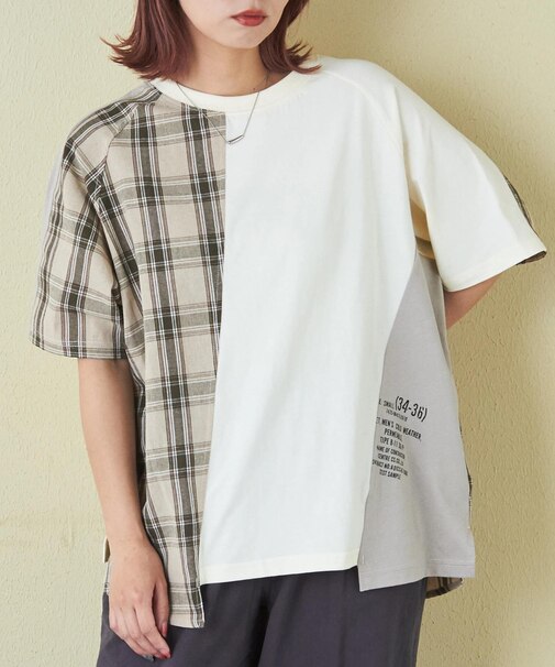 先染め チェック 切替 ラグラン Tシャツ