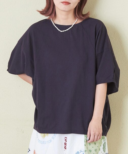 無地 キャンブリック バルーンスリーブ プルオーバー ブラウス