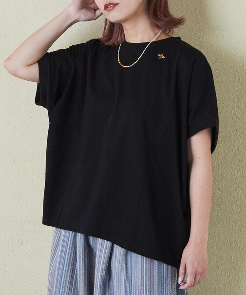 21/-シルケット風天竺 接触冷感 切替 ドルマン Tシャツ