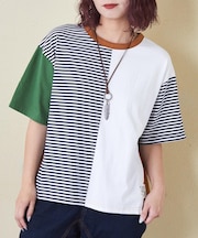 21/-天竺 無地 × ボーダー ミックス 切替 Tシャツ