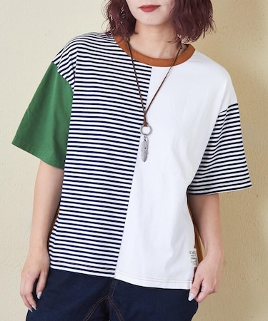 21/-天竺 無地 × ボーダー ミックス 切替 Tシャツ