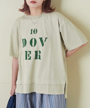 26/-天竺 パウダー加工 裾レイヤード ロゴ Tシャツ