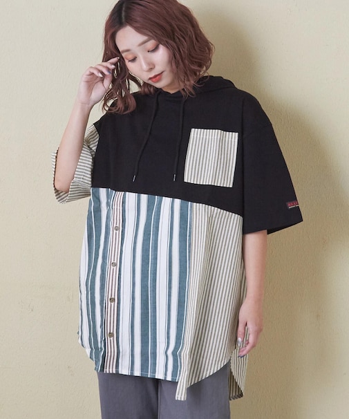 異素材 切替 フード付 プルオーバー シャツ