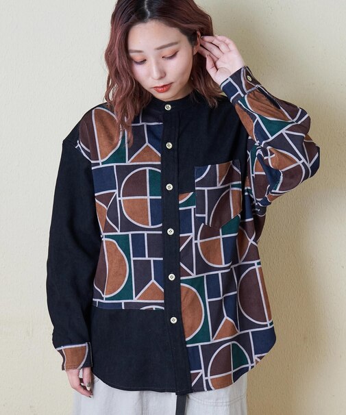 シャツコール 総柄 プリント 切替 バンドカラーシャツ