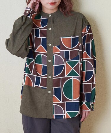 シャツコール 総柄 プリント 切替 バンドカラーシャツ