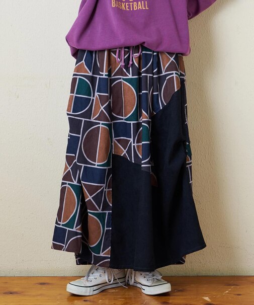 シャツコール 総柄 プリント 切替 サイドタック ギャザースカート