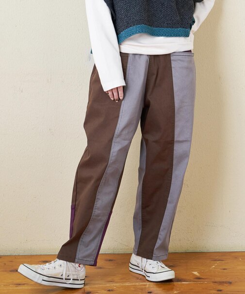 裏起毛 ストレッチ ツイル センター切替 ワイドパンツ