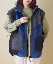 ボア × ファー × キルト 切替 ジップアップ ベスト