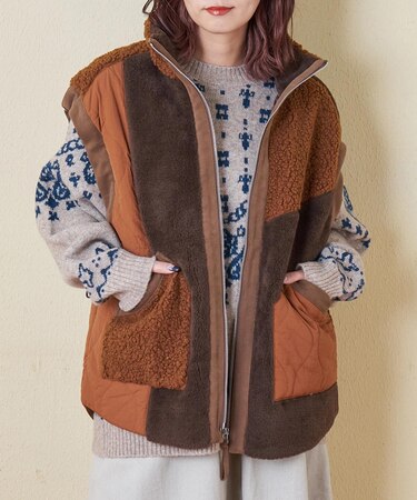 ボア × ファー × キルト 切替 ジップアップ ベスト