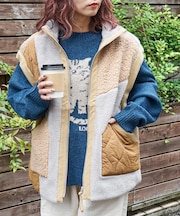 ボア × ファー × キルト 切替 ジップアップ ベスト