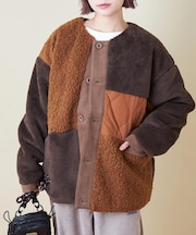 ボア × ファー × キルト 切替 ノーカラー ジャケット