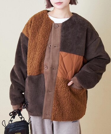 ボア × ファー × キルト 切替 ノーカラー ジャケット