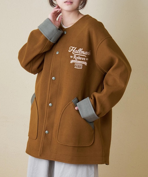 ウールフィール 配色 ノーカラー ジャケット