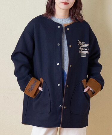 ウールフィール 配色 ノーカラー ジャケット