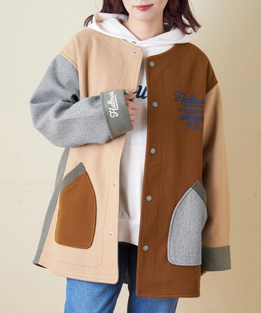 ウールフィール 配色 ノーカラー ジャケット