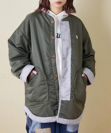 中綿 ナイロン 裾ラウンド ノーカラー ジャケット