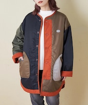 中綿 ナイロン 裾ラウンド ノーカラー ジャケット