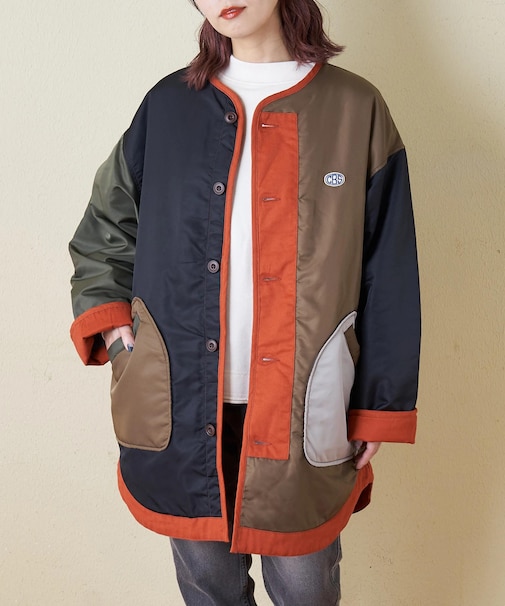 中綿 ナイロン 裾ラウンド ノーカラー ジャケット