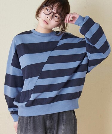 ドット / ボーダー プリント スウェット 斜め切替 ビッグ プルオーバー