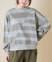 ドット / ボーダー プリント スウェット 斜め切替 ビッグ プルオーバー