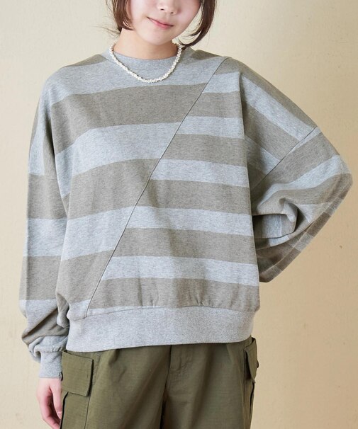 ドット / ボーダー プリント スウェット 斜め切替 ビッグ プルオーバー