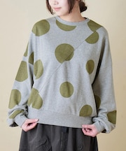 ドット / ボーダー プリント スウェット 斜め切替 ビッグ プルオーバー