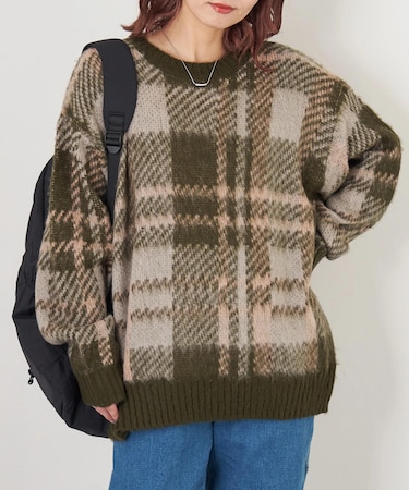 モヘアタッチ ニット ジャガード チェック柄 プルオーバー