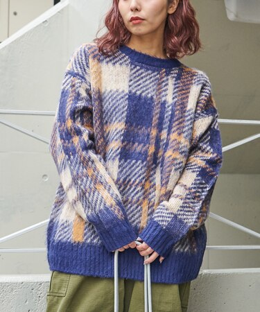 モヘアタッチ ニット ジャガード チェック柄 プルオーバー
