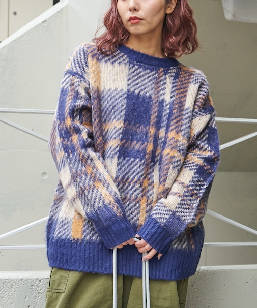 モヘアタッチ ニット ジャガード チェック柄 プルオーバー