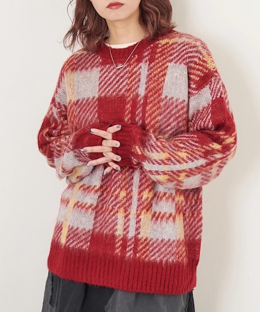 モヘアタッチ ニット ジャガード チェック柄 プルオーバー
