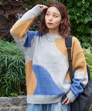 モヘアタッチ ニット ジャガード マーブル柄 プルオーバー