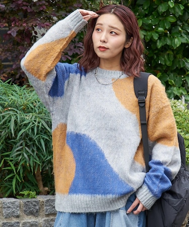 モヘアタッチ ニット ジャガード マーブル柄 プルオーバー