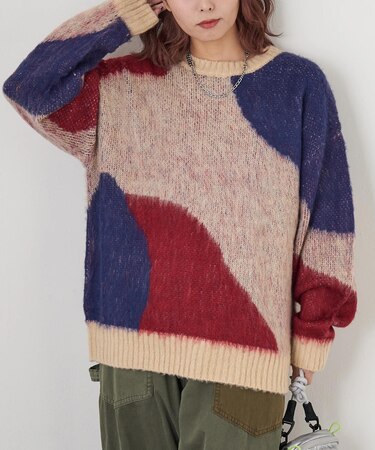 モヘアタッチ ニット ジャガード マーブル柄 プルオーバー