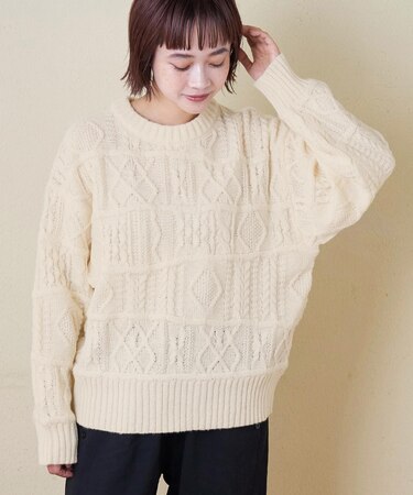 9NM ピーチヤーン アラン柄 プルオーバー ニット