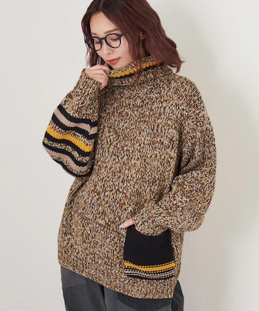バルキー Ac8本 ミックス ニット ライン入り タートルネック プルオーバー