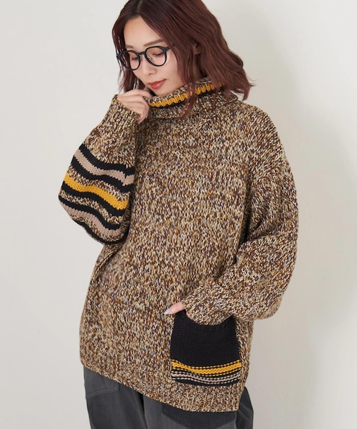 バルキー Ac8本 ミックス ニット ライン入り タートルネック プルオーバー