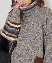 バルキー Ac8本 ミックス ニット ライン入り タートルネック プルオーバー