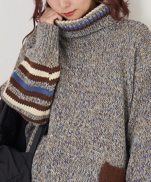バルキー Ac8本 ミックス ニット ライン入り タートルネック プルオーバー