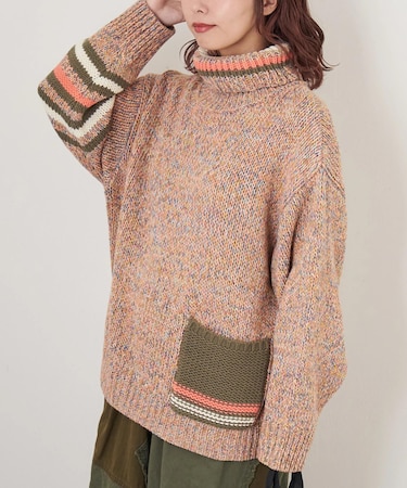 バルキー Ac8本 ミックス ニット ライン入り タートルネック プルオーバー