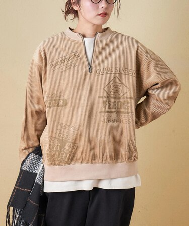 6W コーデュロイ ロゴプリント ハーフジップ プルオーバー