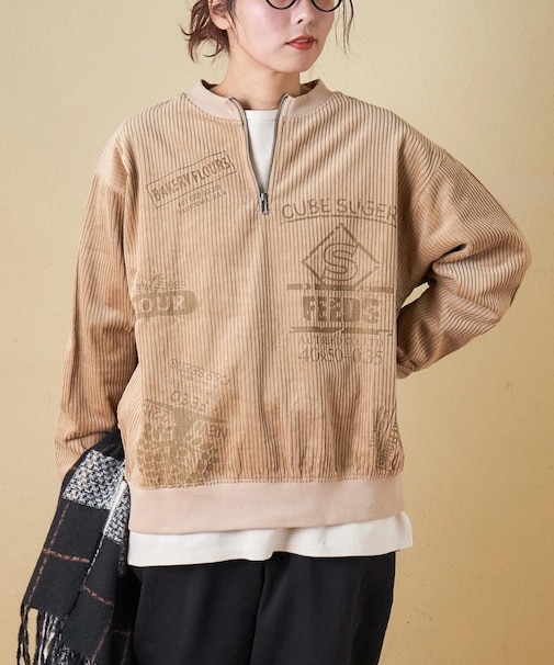 6W コーデュロイ ロゴプリント ハーフジップ プルオーバー