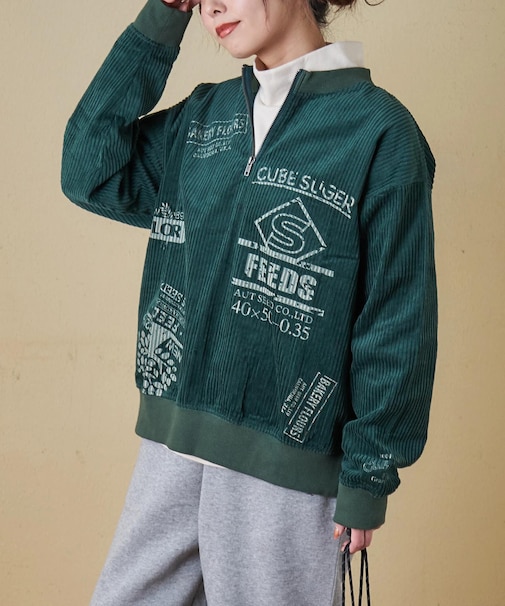 6W コーデュロイ ロゴプリント ハーフジップ プルオーバー
