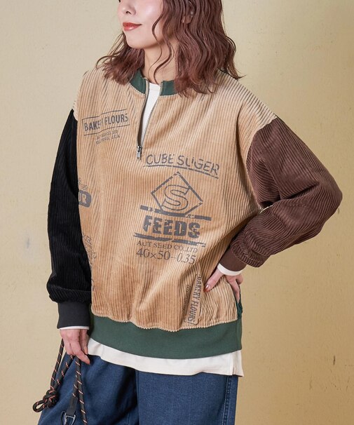 6W コーデュロイ ロゴプリント ハーフジップ プルオーバー