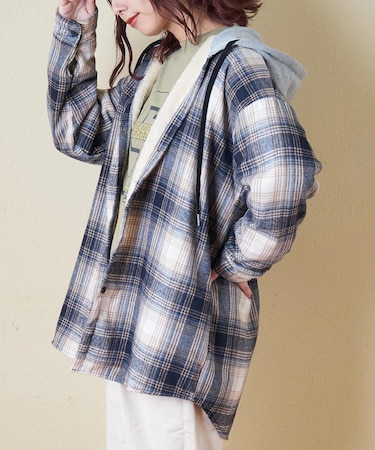 裏ボア チェック フード シャツ
