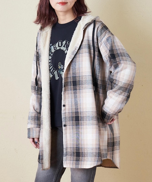 裏ボア チェック フード シャツ