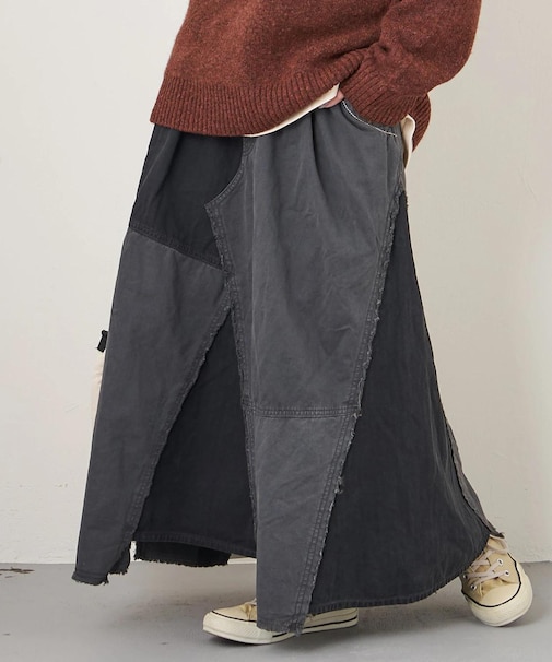 ツイル × ミニヘリンボン 硫化染 リメイク風 ギャザー スカート