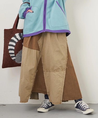 ツイル × ミニヘリンボン 硫化染 リメイク風 ギャザー スカート