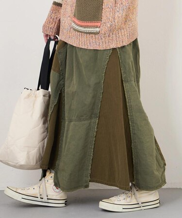 ツイル × ミニヘリンボン 硫化染 リメイク風 ギャザー スカート