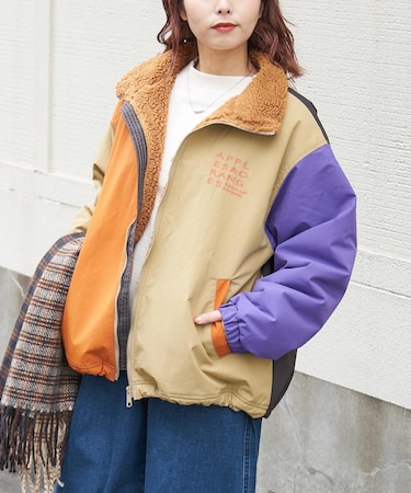 ナイロン × 裏ボア スタンドカラー ジップアップ ジャケット