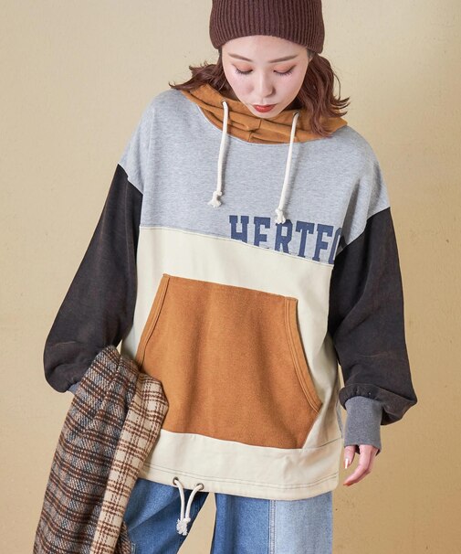 パウダー加工 裏使い切替 モックネック パーカー